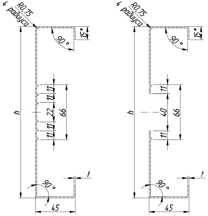 Термопрофили стоечные равнополочные (полки 45/45, 6 и 8 рядов термопросечек) с коммуникационными отверстиями